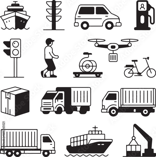 Transportation and delivery icon set. Vector illustrations for logistics, cargo, freight, and shipping services.