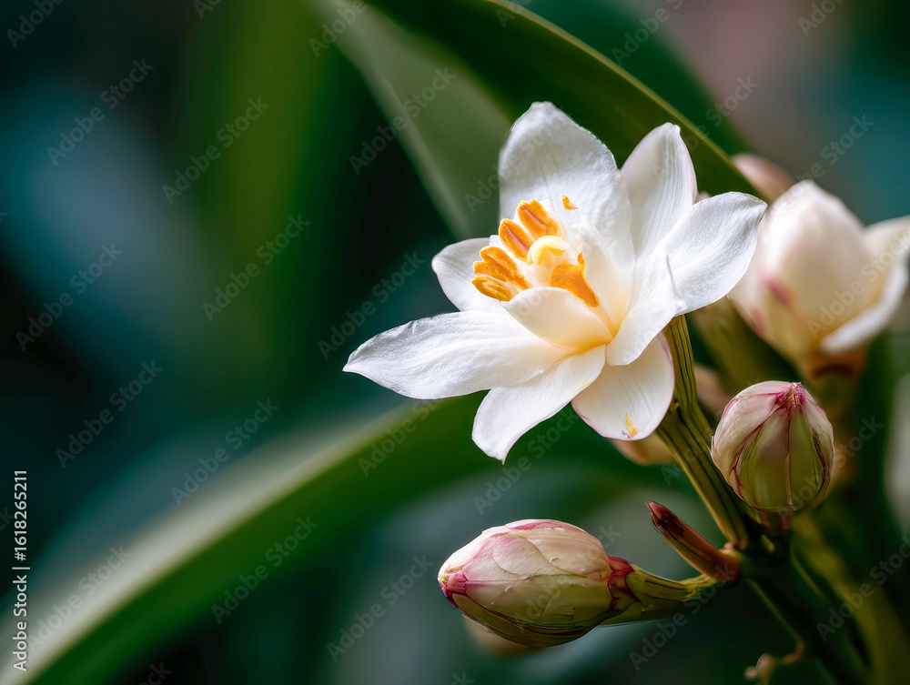 Fototapeta premium delicate white jasmine flower in full bloom surrounded by buds, set against a lush green background, radiating freshness and purity
