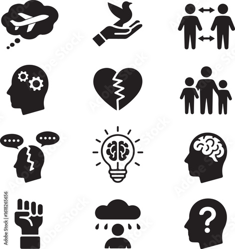 Conceptual icon set illustrating human psychology, emotions, and social interactions. Vector symbols for mental health, relationships, and societal concepts.