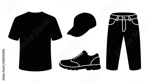 vector illustration of clothes, t-shirt, cap, shoes and pents silhouette