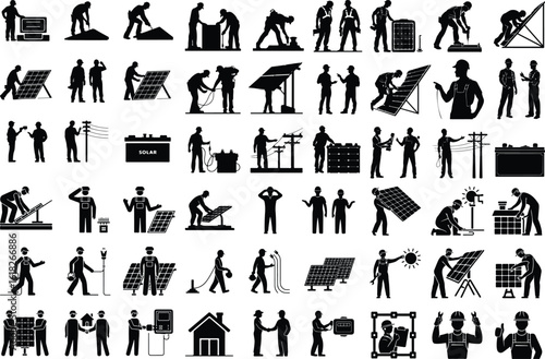 Solar Panel Worker Silhouette Icon Set Renewable Energy Technician Silhouette Design