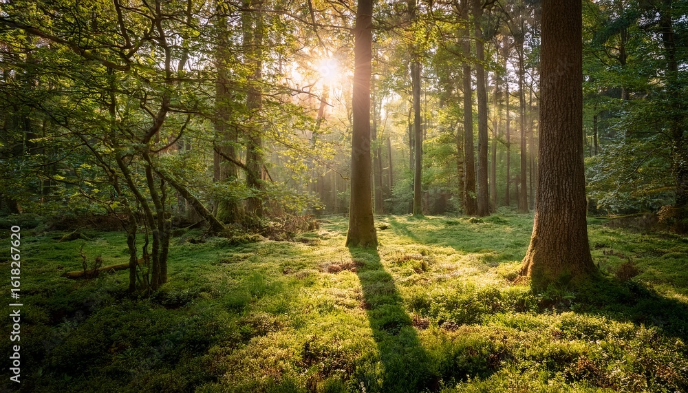 Naklejka premium a serene woodland scene with sunlight filtering through the branches casting a warm glow over a lush grassy floor