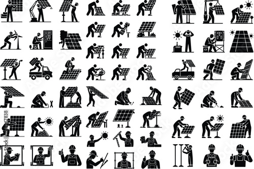 Solar Panel Worker Silhouette Icon Set Renewable Energy Technician Silhouette Design
