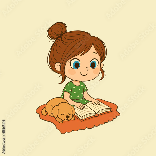 Cute girl reading a book on the floor with a dog and blanket, cozy cartoon style illustration ontransparent background