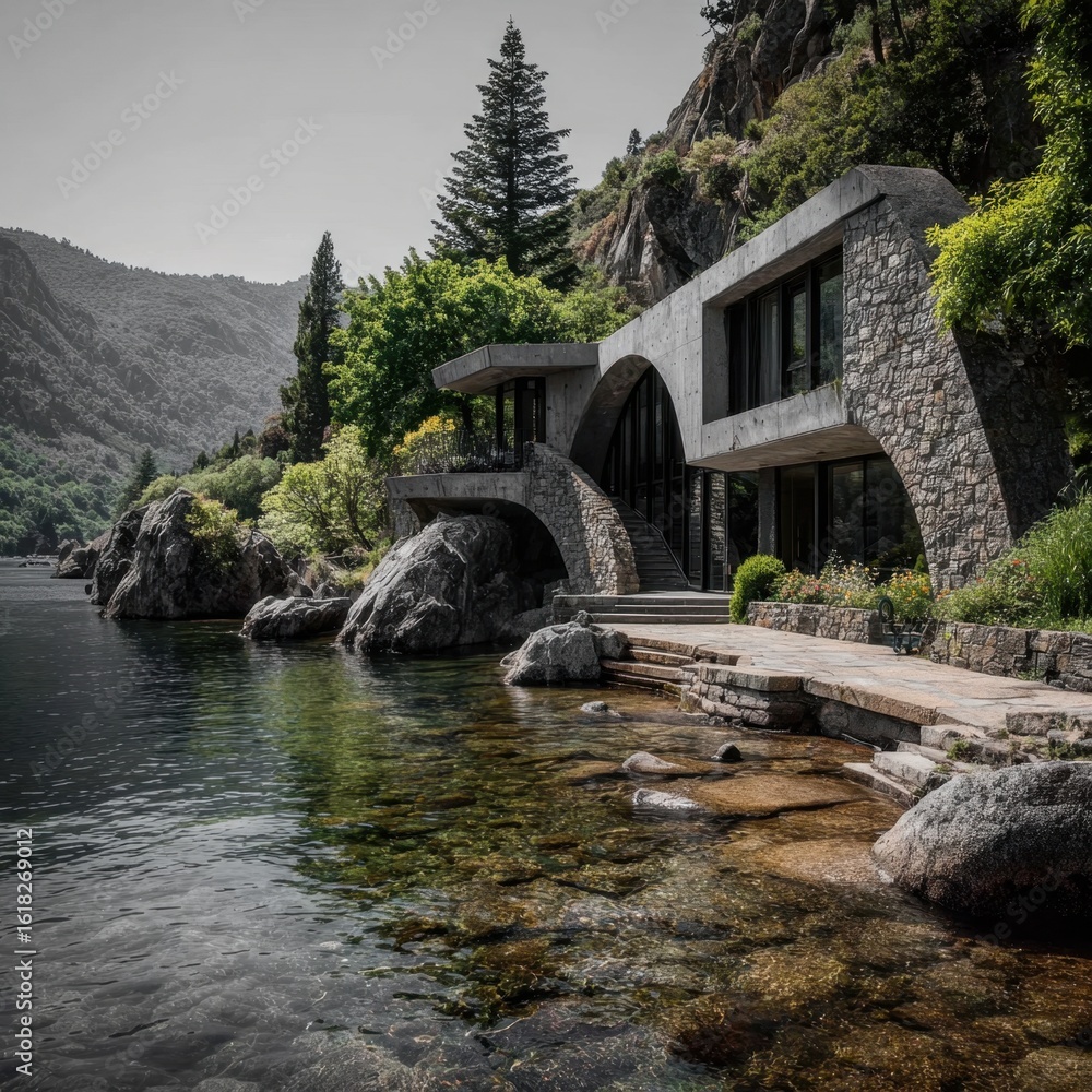 Fototapeta premium Modern House with Stone and Concrete Design by a Lake in a Mountainous Forest