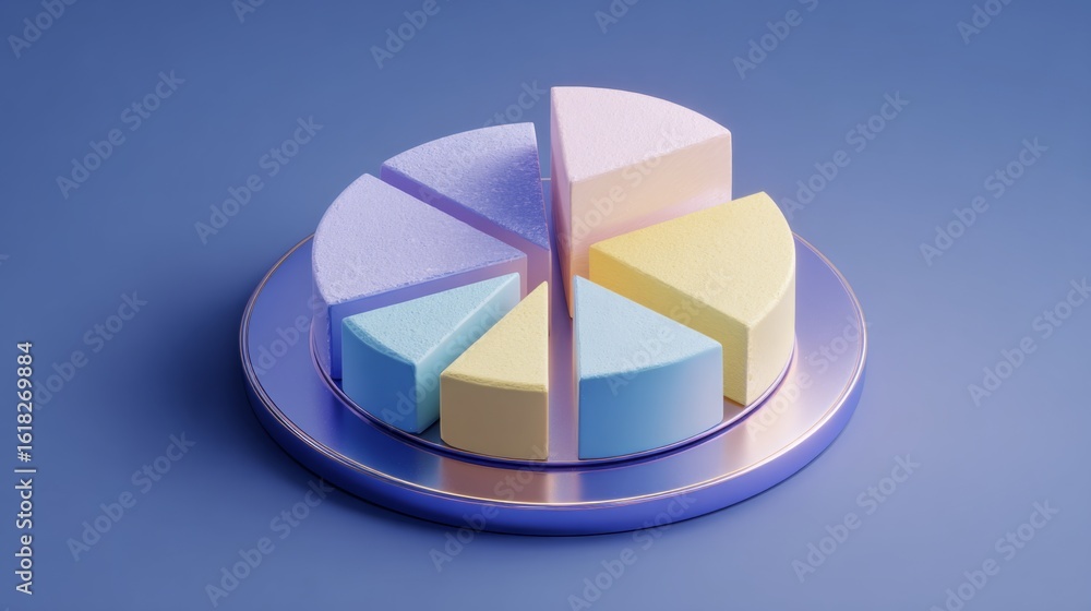 Obraz premium A visually striking D pie chart with segments that appear to float above a sleek surface, representing different data categories, creating a modern aesthetic.
