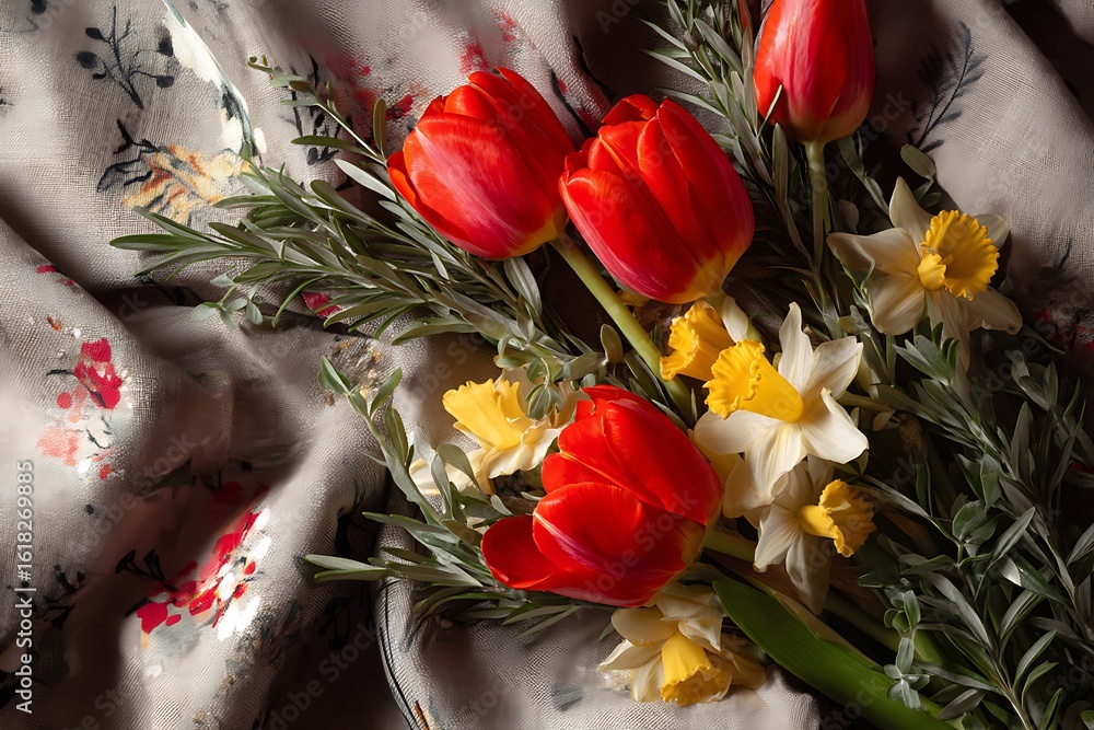 Obraz premium A striking bouquet of vibrant red tulips, yellow daffodils, and soft white daisies, paired with sprigs of fresh rosemary and eucalyptus.