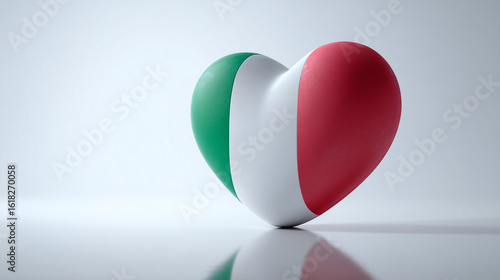 A 3D heart with Italy flag colors (green, white, red), standing on a reflective floor, isolated on a pure white background.