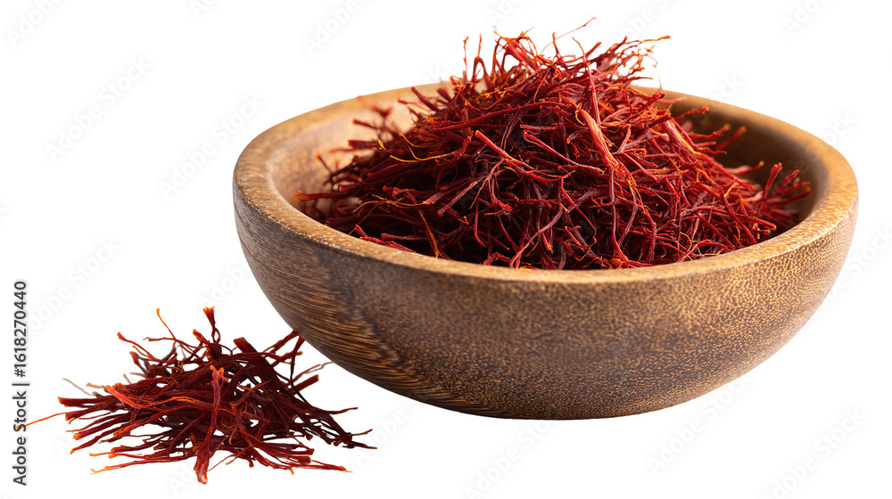 Fototapeta premium Aromatic Saffron Strands in Wooden Dish – Luxurious Culinary Ingredient