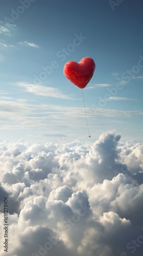 Red heart balloon floating above white clouds under clear blue sky.