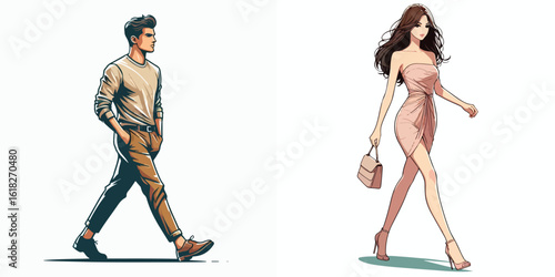 vector image of a man and a woman walking