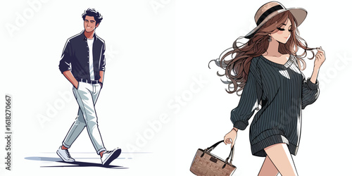 vector image of a man and a woman walking