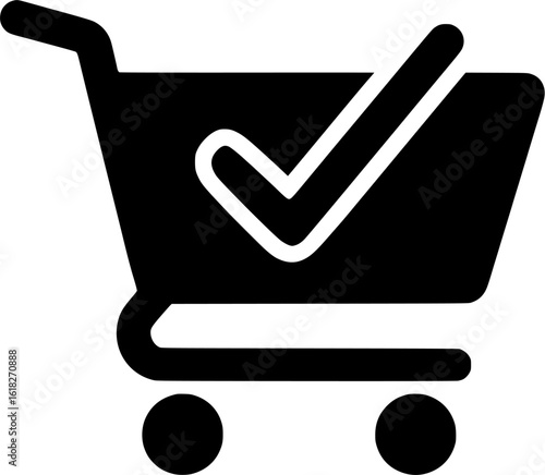 Black solid shopping cart with check mark icon for e-commerce, online shopping, order confirmation, approved checkout, digital purchase symbol, retail store icon, buy completed concept