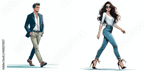vector image of a man and a woman walking