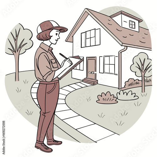 Real estate property conducting valuation in hand-drawn style

