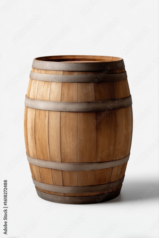 Fototapeta premium Wooden barrel with metal hoops on white background