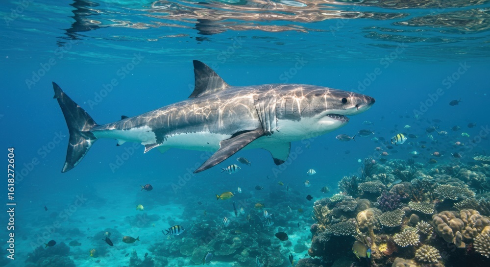 Fototapeta premium A majestic shark swims gracefully through clear, turquoise water, vibrant coral reefs and a multitude of small fish populate the ocean