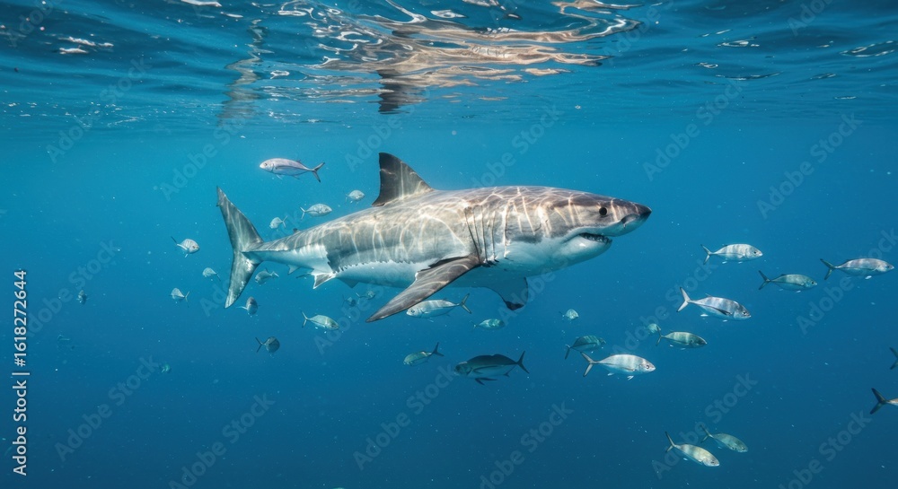 Fototapeta premium A great white shark swims underwater, surrounded by smaller fish, in clear blue ocean with reflections on surface