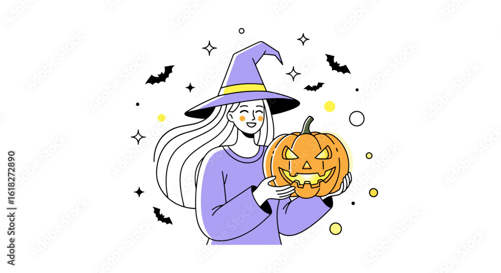 Cheerful Witch with Pumpkin: Embrace the Halloween Spirit in a Whimsical, Cartoonish Style Surrounded by Bats and Stars, Perfect for Seasonal Decorations and Festive Celebrations Cheerful Witch with Pumpkin: Embrace the Halloween Spirit in a Whimsical, Cartoonish Style Surrounded by Bats and Stars, Perfect for Seasonal Decorations and Festive Celebrations