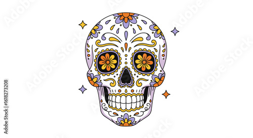 Vibrant and Beautiful Mexican Sugar Skull Illustration Featuring Intricate Floral Patterns and Colorful Accents Representing Culture and Tradition in Day of the Dead Celebrations