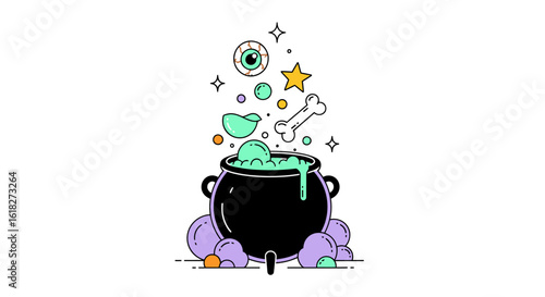 Whimsical Magical Cauldron Bubbling with Potent Ingredients Including an Eye, Star, and Bone, Surrounded by Colorful Bubbles and Mystical Atmosphere for Enchanting Visuals