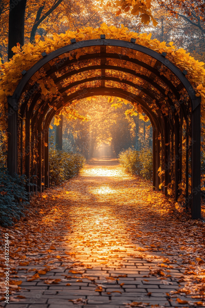 Obraz premium Yellow leaves scattered on a pathway.