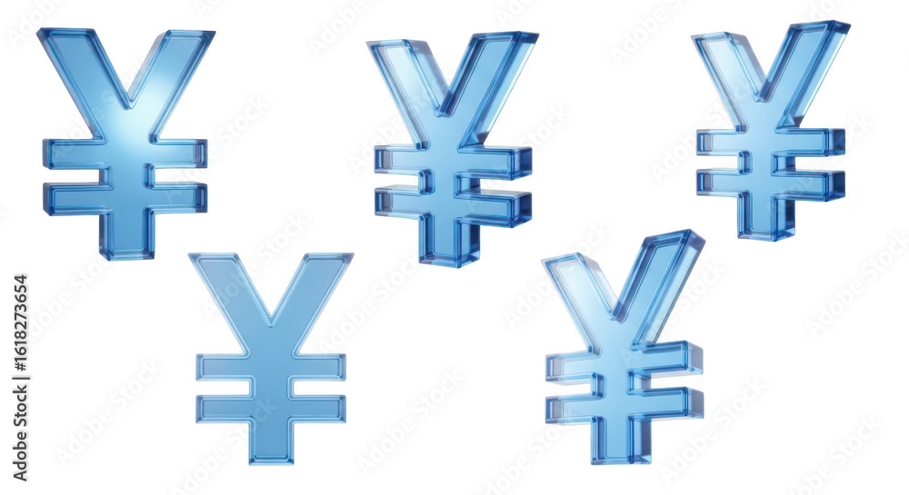 Floating blue Japanese Yen currency symbols against a white background representing finance and global economy Floating blue Japanese Yen currency symbols against a white background representing finance and global economy