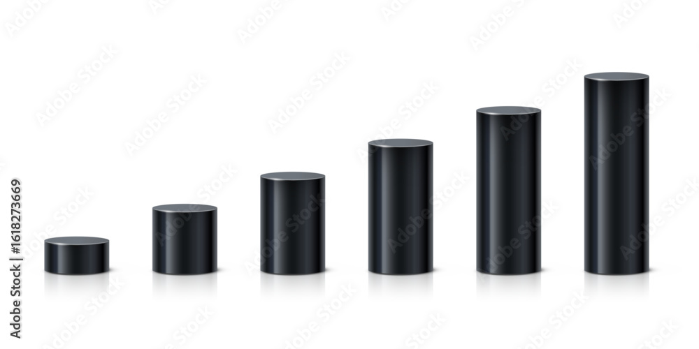 Obraz premium Black cylindrical podiums in ascending height. Minimalist 3D columns for ranking, data visualization, infographics, or product display. Realistic vector illustration.