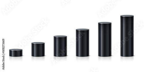 Black cylindrical podiums in ascending height. Minimalist 3D columns for ranking, data visualization, infographics, or product display. Realistic vector illustration.