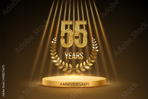 Anniversary gold award podium with glittering number 55. Fifty five years celebration birthday or jubilee golden vector background. Luxury stage with laurel wreath and glowing rays on black.