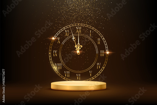 Happy New Year greeting card vector background. Gold clock face with midnight time, falling confetti, glow light effects and golden podium on black. Luxury festive horizontal greeting card, banner.