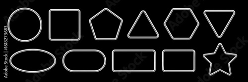 Silver metal photo frames set on black. Chrome tube frames with shadow. Collection of geometric shapes: square, circle, triangle, rectangle, oval, pentagon, heart, star, ring. Vector illustration.