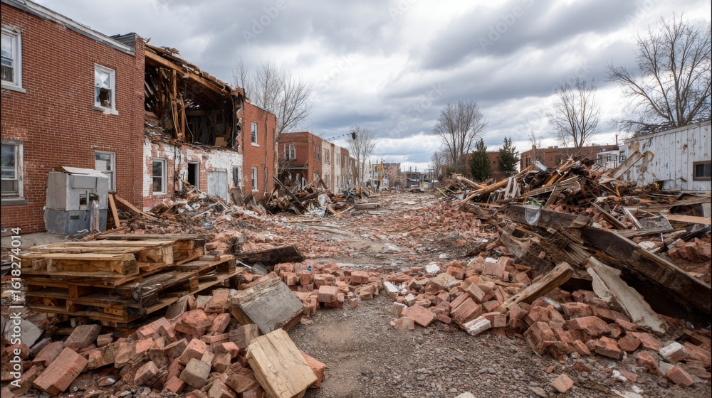 Fototapeta premium Collapsed rooftops and shattered walls of a residential area, with piles of bricks and wood debris scattered across the scene