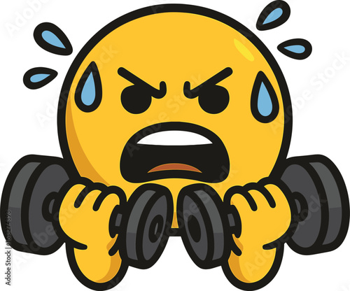 Angry emoji sweating while lifting dumbbells in gym, energetic flat cartoon vector