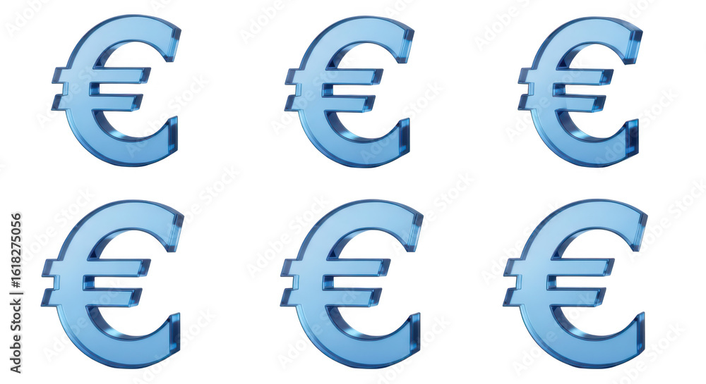 Six transparent euro symbols are arranged in a grid on a white background showcasing financial currency ready for use Six transparent euro symbols are arranged in a grid on a white background showcasing financial currency ready for use