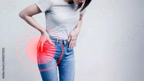 A woman with a pained expression holding her hip and Red circle indicating pain around her hips, Lower Back Pain, spine pain, medical issues