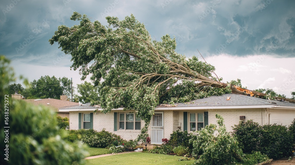 Fototapeta premium Fallen tree on a residential house after a storm.