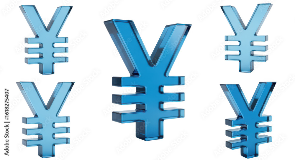 Obraz premium Blue 3D Japanese Yen symbols arranged on a white backdrop for financial concepts and economic illustrations