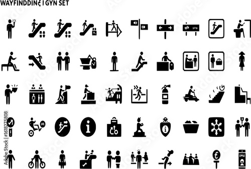 Public space wayfinding glyph icon set. Vector pictograms for building navigation, info, and emergency. Escalator, elevator, stairs, fire extinguisher, food court signs