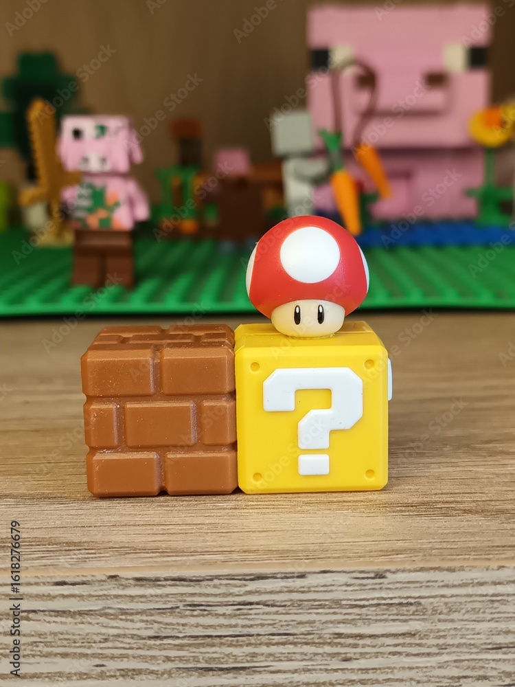 Naklejka premium Super Mario Mushroom and Question Block with Minecraft Background