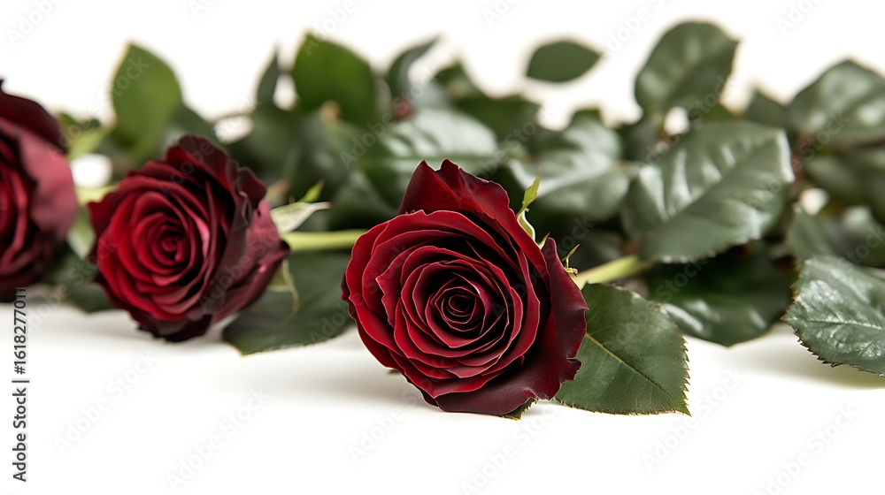 Fototapeta premium Dark red roses on a white background.