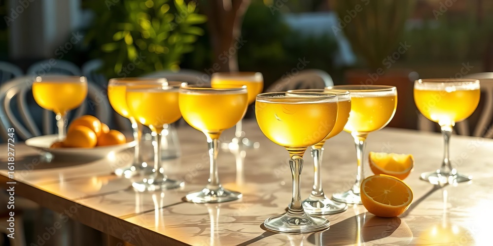 Golden limoncello in elegant glasses, sunlit table, refreshment, liquid Golden limoncello in elegant glasses, sunlit table, refreshment, liquid
