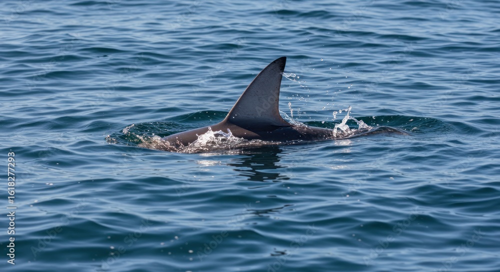 Naklejka premium A sleek, dark-colored fin cleaves the surface of a calm ocean, its motion creating small splashes around its base as it moves