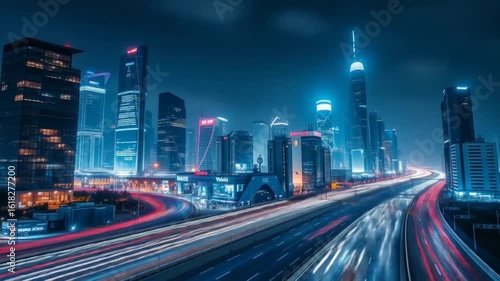 Wallpaper Mural Night Cityscape Long Exposure with Traffic Trails and Modern Architecture Torontodigital.ca