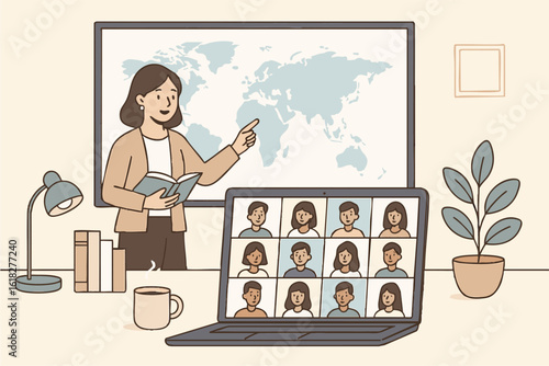 Teacher in virtual classroom with world map and online students