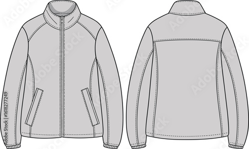 Basic zip-up jacket, fashion flat sketch, technical CAD drawing, casual outerwear design, vector template, stylish coat, garment technical illustration