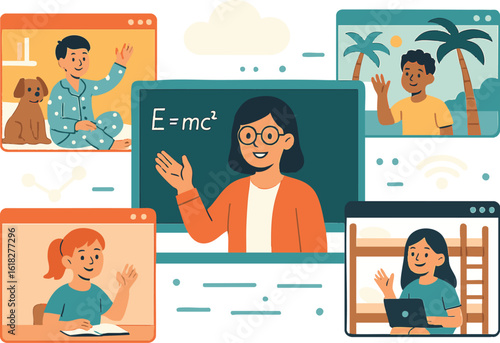 Collaborative online learning session with students and interactive whiteboard