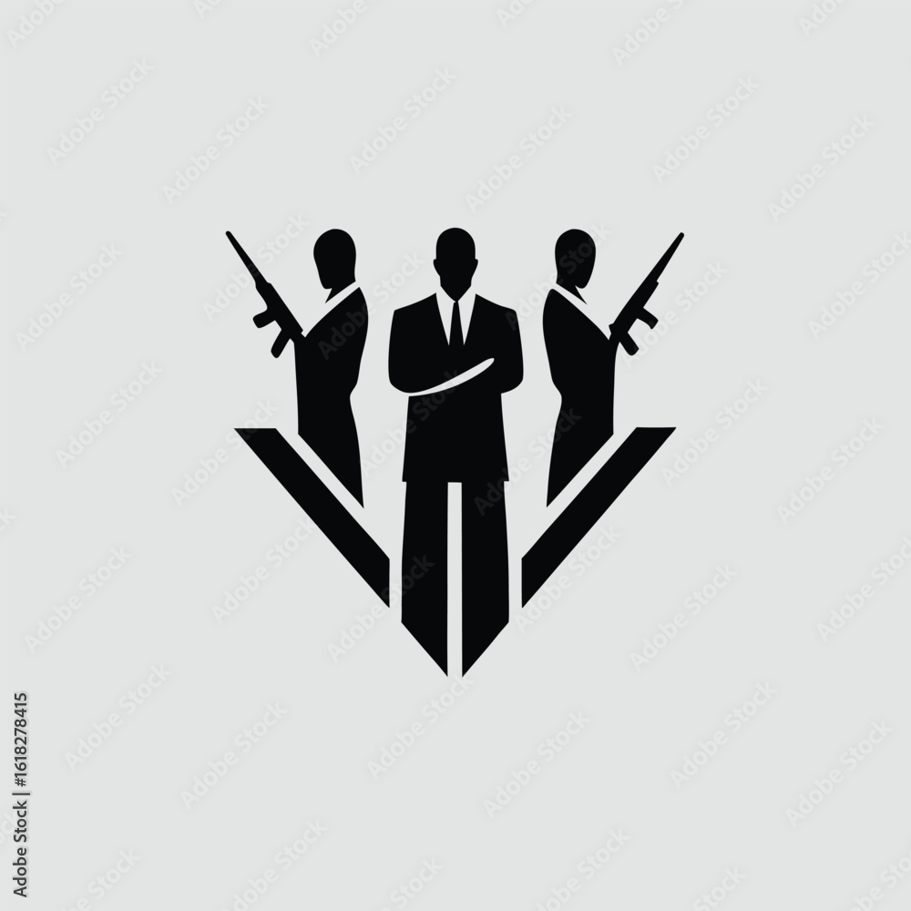 Naklejka premium Three black suited figures with rifles in a V formation white silhouette