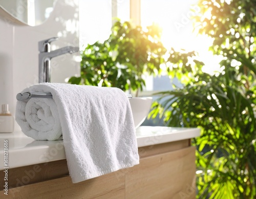 A fluffy white towel draped over a heated towel rail. Sunlight streams.