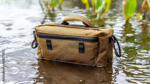 Tan and Black Waterproof Bag Floating in Shallow Water